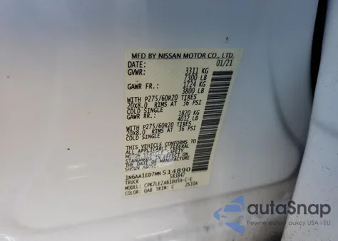 2021 Nissan Titan Sv из США, поврежденный, VIN 1N6AA1ED7MN514890